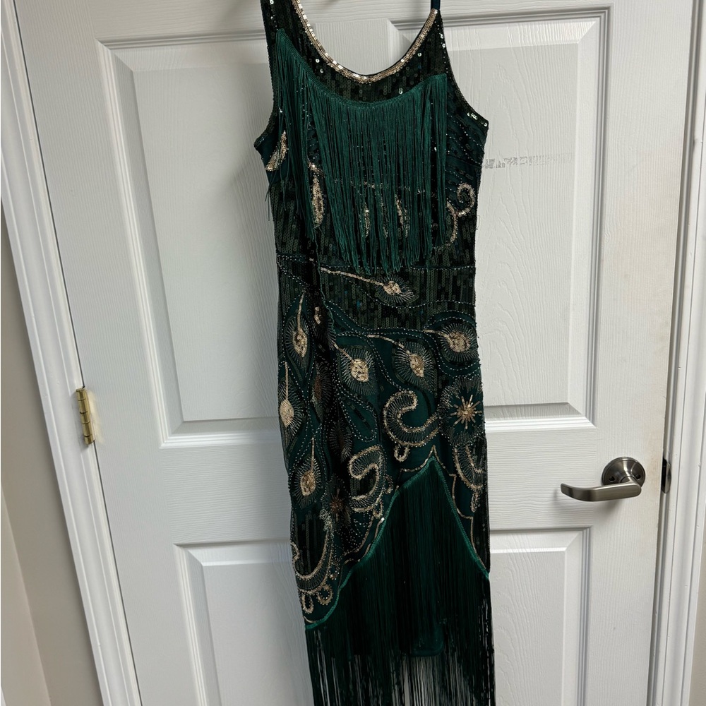 Fundaisy Asymmetrical Green Gold Sequin Beaded Fringe Great Gatsby Party‎